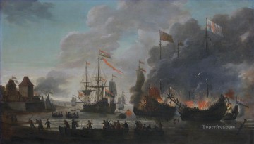 Landscapes Painting - The Dutch burn English ships during the expedition to Chatham Raid on Medway 1667 Jan van Leyden 1669 Naval Battle